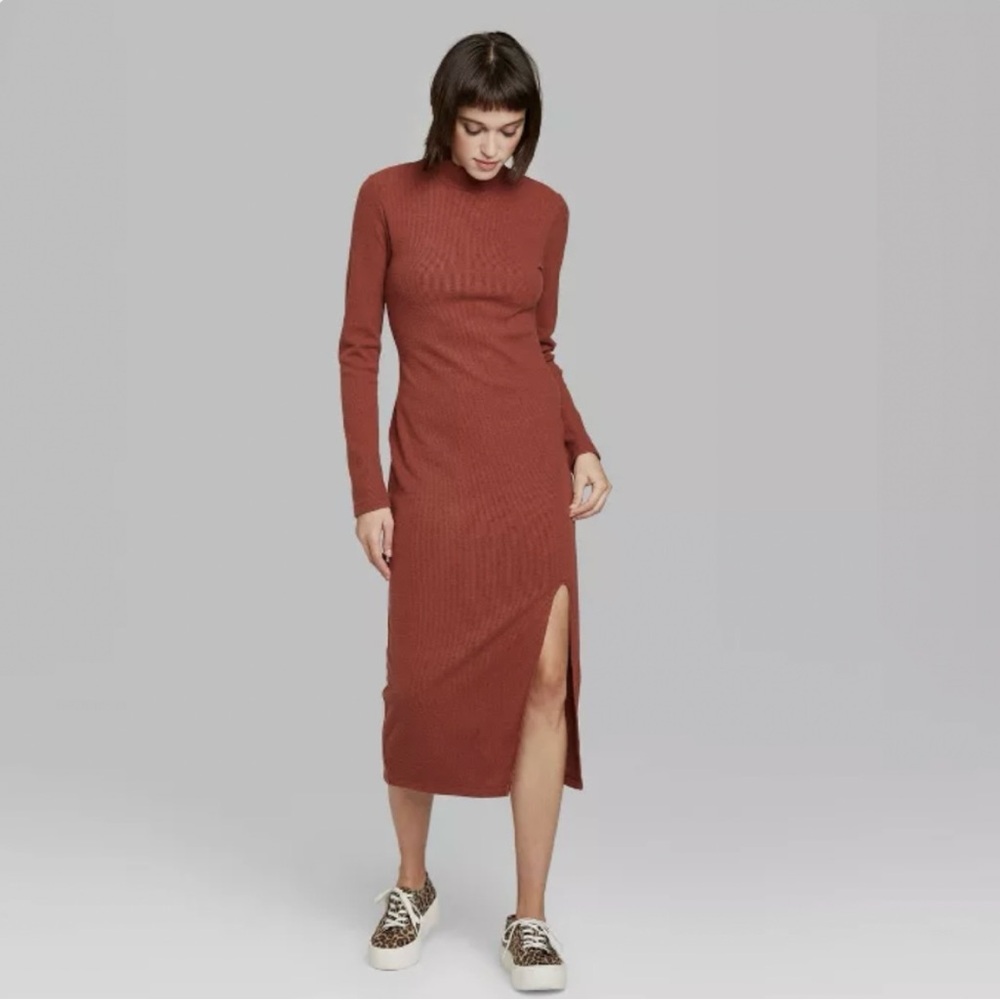 Wild Fable Rust Ribbed Mock Neck Long Sleeve Bodycon Midi Dress - Size Large